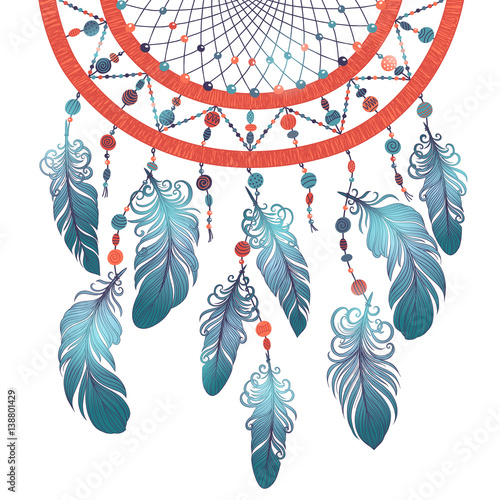  Illustration with hand drawn dream catcher. Feathers and beads. Doodle drawing.
