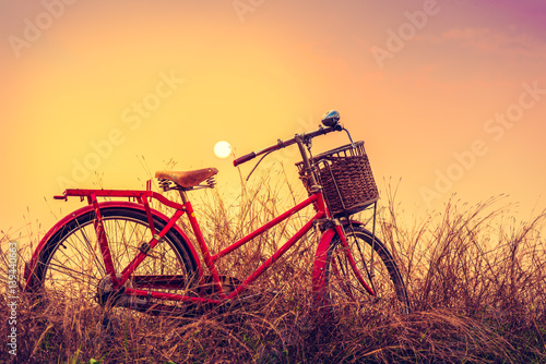 Plakat foto Vintage Bicycle with summer background at sun set (vintage process style,Boost up Color Processing)