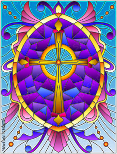 illustration-in-stained-glass-style-with-a-yellow-cross-on-a-purple-background-with-patterns-and-swirls