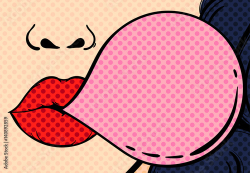 zblizenie-twarzy-kobiety-z-czerwonymi-ustami-i-bubble-gumy-ilustracji-wektorowych