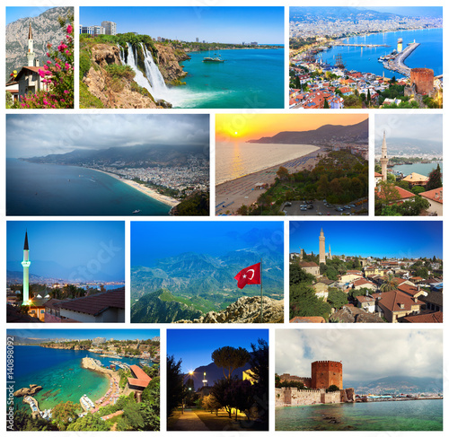 Collage of landmarks of Turkey: Alanya cityscape and views of famous Cleopatra's