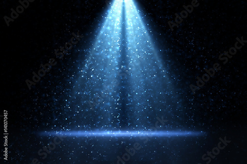 Stage light and blue glitter lights on floor. Abstract background for display your product. Spotlight realistic ray