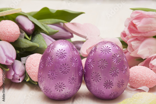 Decoration from Easter eggs and beautiful flowers © arris_