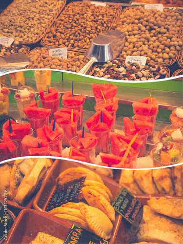 Poster Collage of Fruits and vegetables stall in La Boqueriamarket in Barcelona