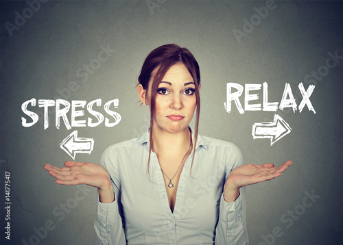 Poster Stress or relax. Confused woman shrugging shoulders doesn't know