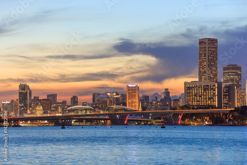 Poster view of central Singapore with Flyer observation wheel and water on foreground