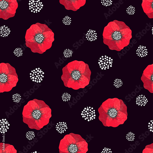 Seamless abstract watercolor poppies pattern. Vector black and red floral background.