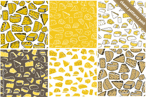 Set of six cheese seamless pattern. Cheese vector hand drawn texture
