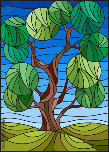 illustration-in-stained-glass-style-with-tree-on-sky-background