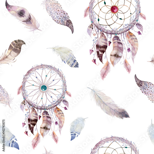  Dreamcatcher and feather pattern. Watercolor bohemian decoration. Watercolour color dream catcher design. Seamless repeating colour boho print. Tribal hand drawn chic wallpaper.