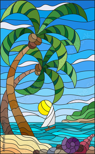 illustration-in-stained-glass-style-with-a-tropical-sea-landscape-coconut-trees-and-shells-on-the-sandy-beach-a-sailboat-with-a-white-sail-in-the-distance-on-the-background-of-sunny-sky-and-clouds