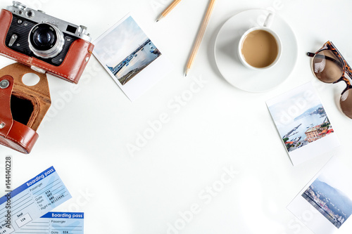 vacation concept with traveller outfit on white background top view space for text