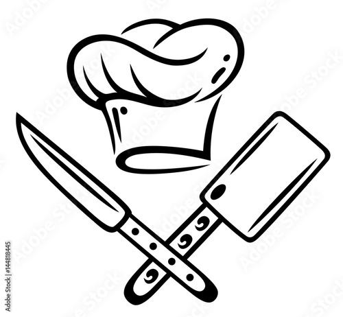 Fototapete Koch, kochen, Kochmütze mit Messer und Hackebeil.