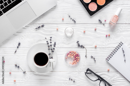 Poster make up set with decorative cosmetics work desk background top view