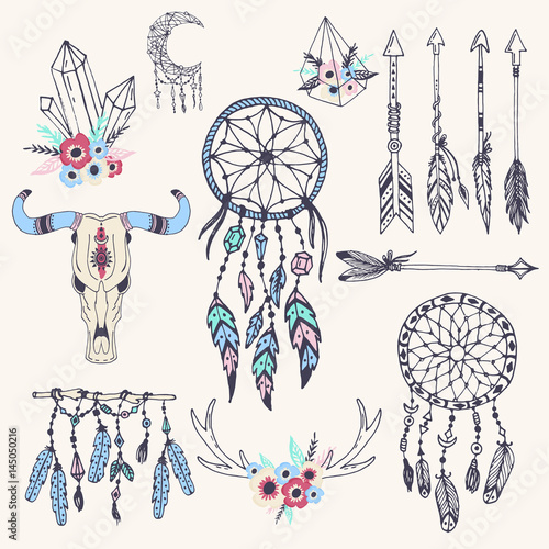  Creative boho style frames mady ethnic feathers arrows and Floral elements vector illustration.