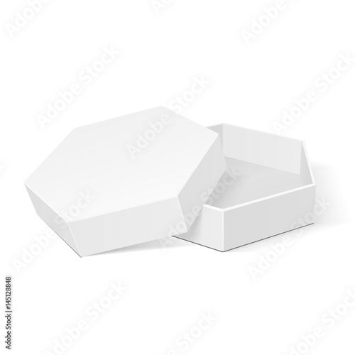 Open White Cardboard Hexagon Box Packaging For Food, Gift Or Other Products. Illustration Isolated On White Background. Mock Up Template Ready For Your Design. Product Packing Vector EPS10