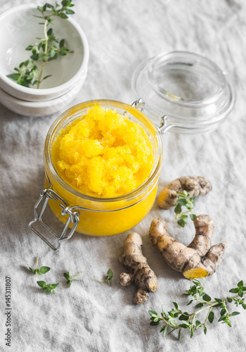 Mango turmeric sorbet on a light background. Delicious dessert