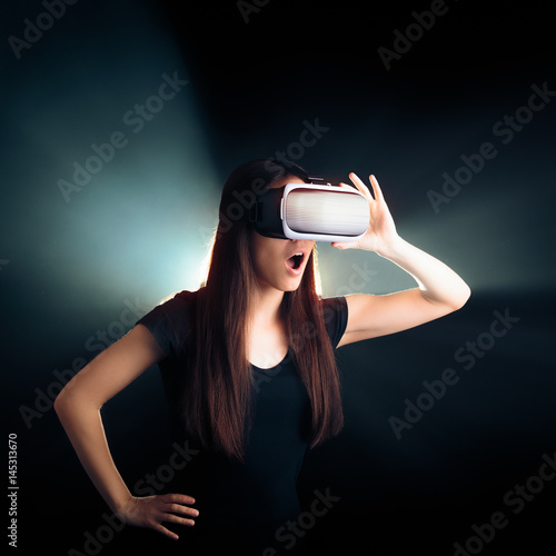 Poster Woman with VR Glasses Headset Enjoying the Virtual Reality Experience