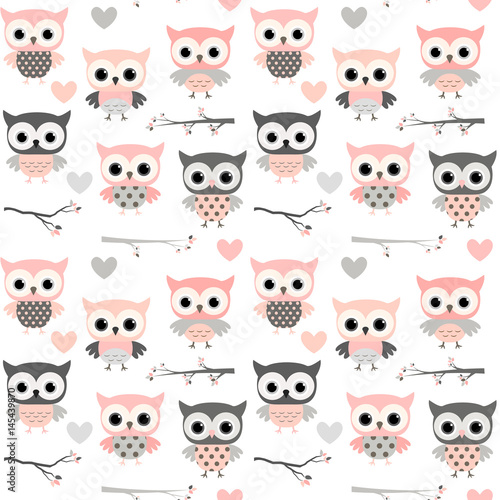 cute-vector-seamless-pattern-with-cartoon-owls-hearts-and-branches-in-pink-and-grey-colors-for-girl-clothing-scrapbooking-and-nursery-decor