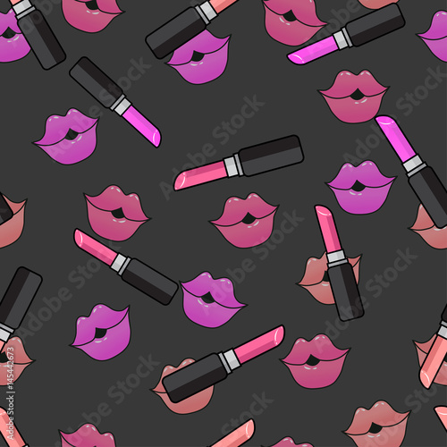 weibliche-lippen-mund-mit-einem-kuss-pomade-lippenstift-vector-komisches-nahtloses-muster-im-pop-arten-retrostil-abstraktes-nahtloses-muster-fur-madchen-jungen-kleidung-kindisch-drucken