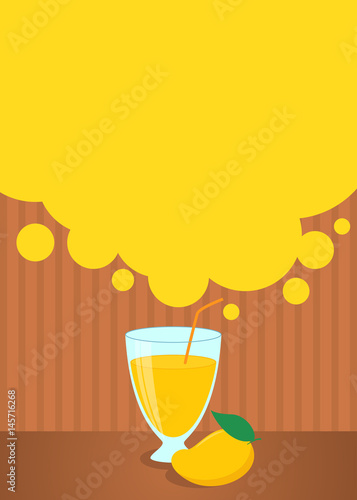 Summer drinks poster or menu template with yellow mango juice and fruit