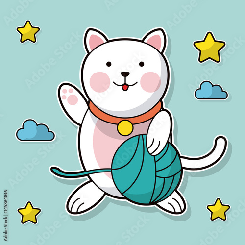 cat holding yarn ball cloud star background vector illustration