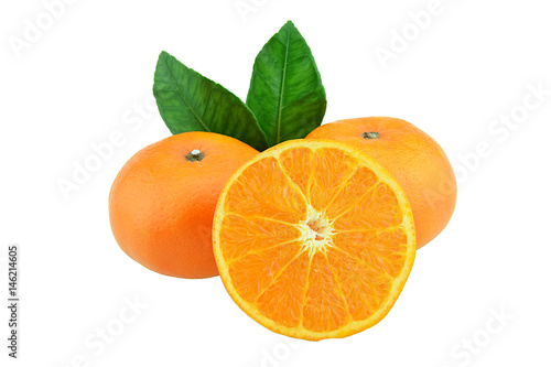 Orange fruit with half and leaves isolated on white background