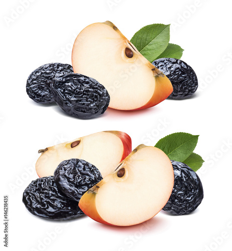 Double red quarter apple and dry plums isolated