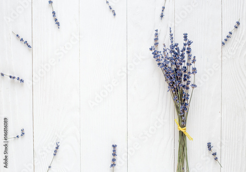 lavender frames design with flowers on white background top view mock up