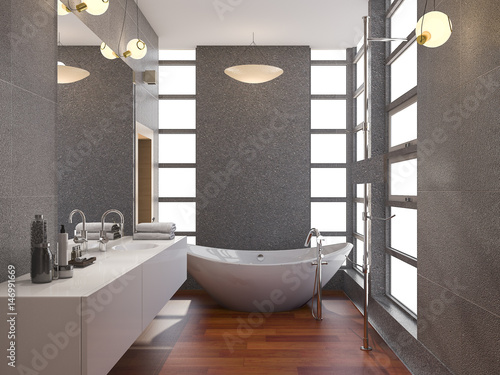  3d rendering wood modern bathroom with window and stone tile wall