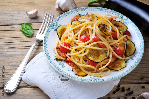 Spaghetti with eggplant and cherry tomatoes