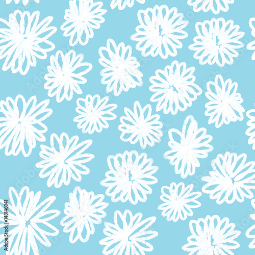 Colorful hand drawn seamless spring white flower on the blue background, floral illustration painted by oil color, high quality © Iryna