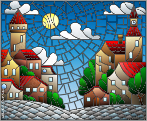 ilustracja-w-stylu-witrazu-krajobraz-miejski-dachy-i-drzewa-na-dzien-niebo-i-slonce