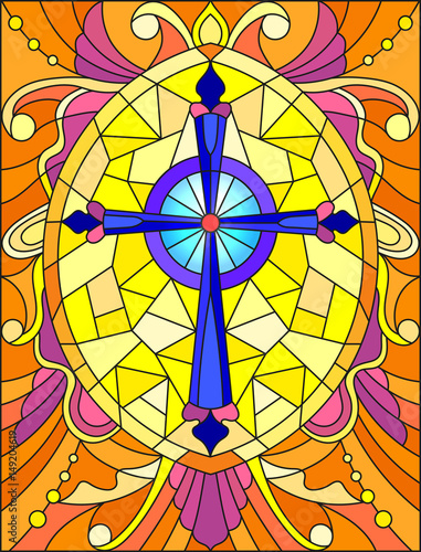 illustration-in-stained-glass-style-with-a-bright-purple-cross-on-a-yellow-background-with-patterns-and-swirls