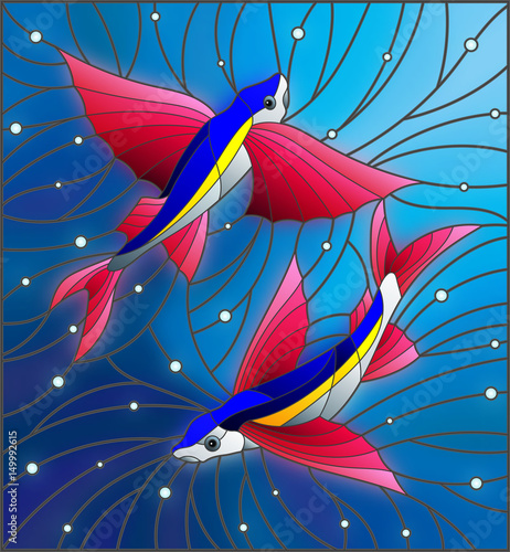 ilustracja-w-stylu-witrazu-z-dwoch-plywajacych-pod-rybami-na-tle-pecherzykow-powietrza-i-powietrza