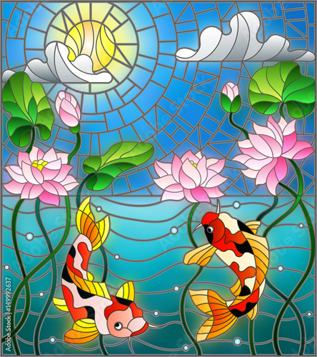 ilustracja-w-stylu-witrazu-z-koi-ryb-i-kwiatow-lotosu-na-tle-nieba-i-wody-slonecznej