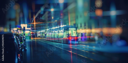 night tram in the city ,colorful nigh traffic in the city