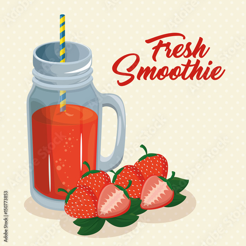 A glass of smoothie with strawberries over beige background. Vector illustration.