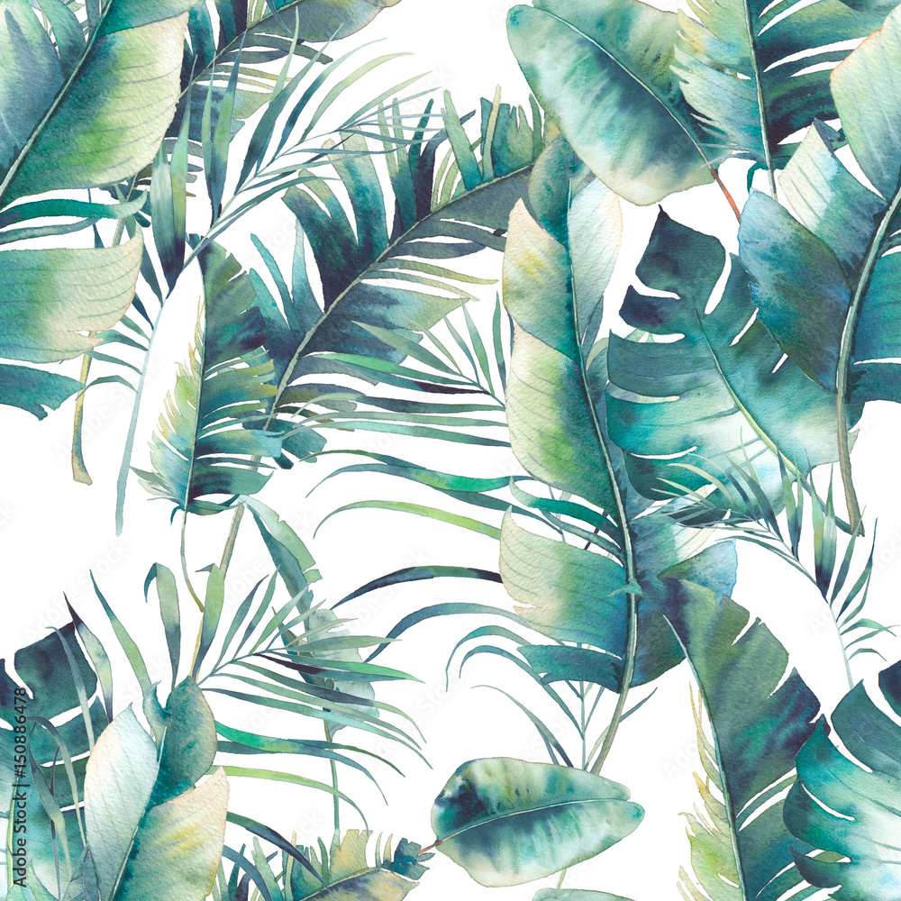 nahtloses-muster-der-sommerpalme-und-der-bananenblatter-aquarellbeschaffenheit-mit-grunen-niederlassungen-auf-weis