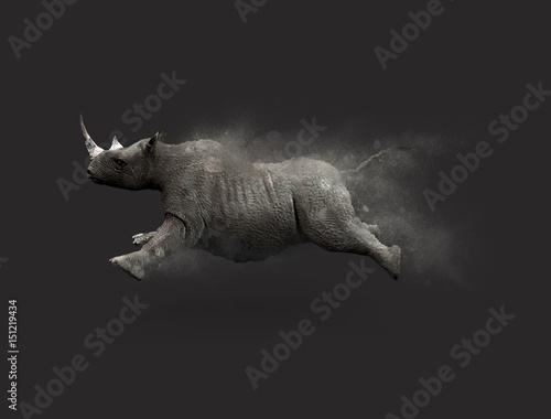 Obraz Fotograficzny A Rhino moving and jumping with dust particle effect on gray background, 3d illustration