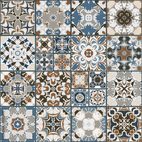  A collection of ceramic tiles in retro colors. A set of square patterns in ethnic style. Vector illustration.
