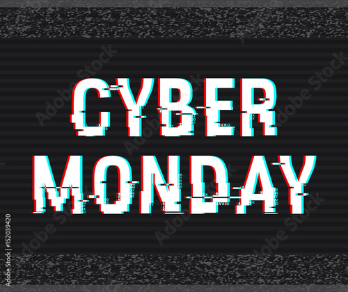 Cyber Monday glitch text. Anaglyph 3D effect. Technological retro background. Online shopping concept. Sale, e-commerce, retailing, discount theme. Vector illustration. Creative web template.