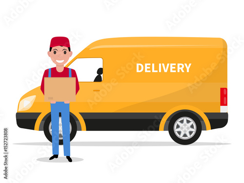 Vector illustration cartoon delivery man with carton box and a car. Isolated white background. Flat style. The concept of a business delivery service.