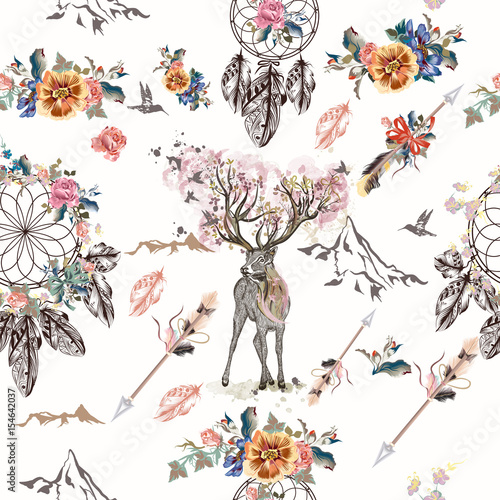  Botanical background with roses, field flowers and butterflies in vintage style