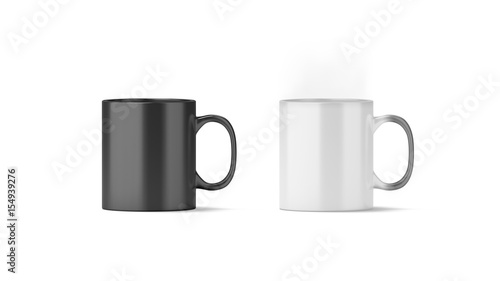 Blank magic mug mockup isolated, cold and hot state, 3d rendering. Magical heat sensitive cup mock up. Color changing beverage utensil template. Morphing ceramic drink with thermoprint empty space.