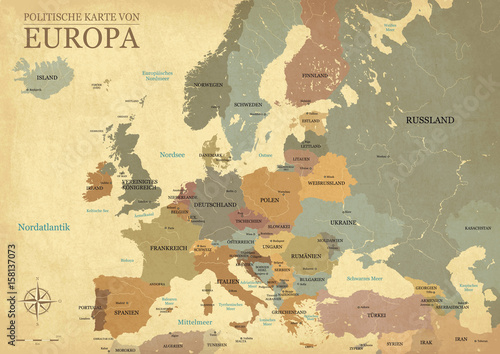 Fototapeta Europakarte mit hauptstädten - Vintage effekt - Deutsch version - Vektor