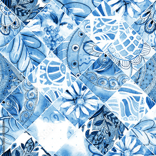  monochrome seamless texture with blue folk patchwork pattern. watercolor painting