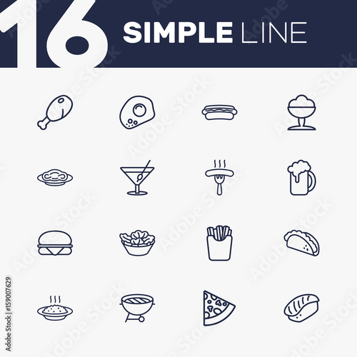 Set Of 16 Dish Outline Icons Set.Collection Of Bbq, Beer, Pepperoni And Other Elements.