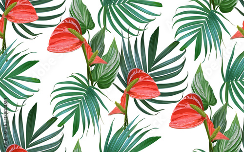 Fototapeta Vector Tropical flowers and palm leaves seamless pattern. Floral exotic Hawaiian background. Blooming elements. Hand drawn jungle plants