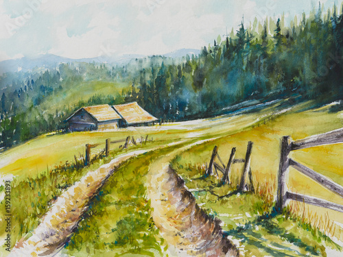 watercolor-rural-landscape-beautiful-green-field-blue-sky-and-road-to-the-mountains